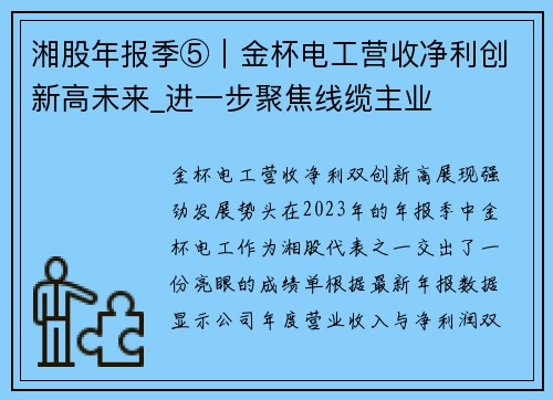 湘股年报季⑤｜金杯电工营收净利创新高未来_进一步聚焦线缆主业