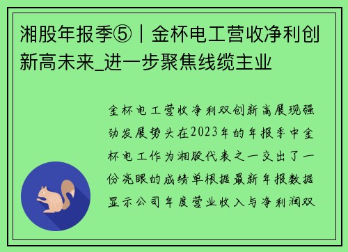 湘股年报季⑤｜金杯电工营收净利创新高未来_进一步聚焦线缆主业